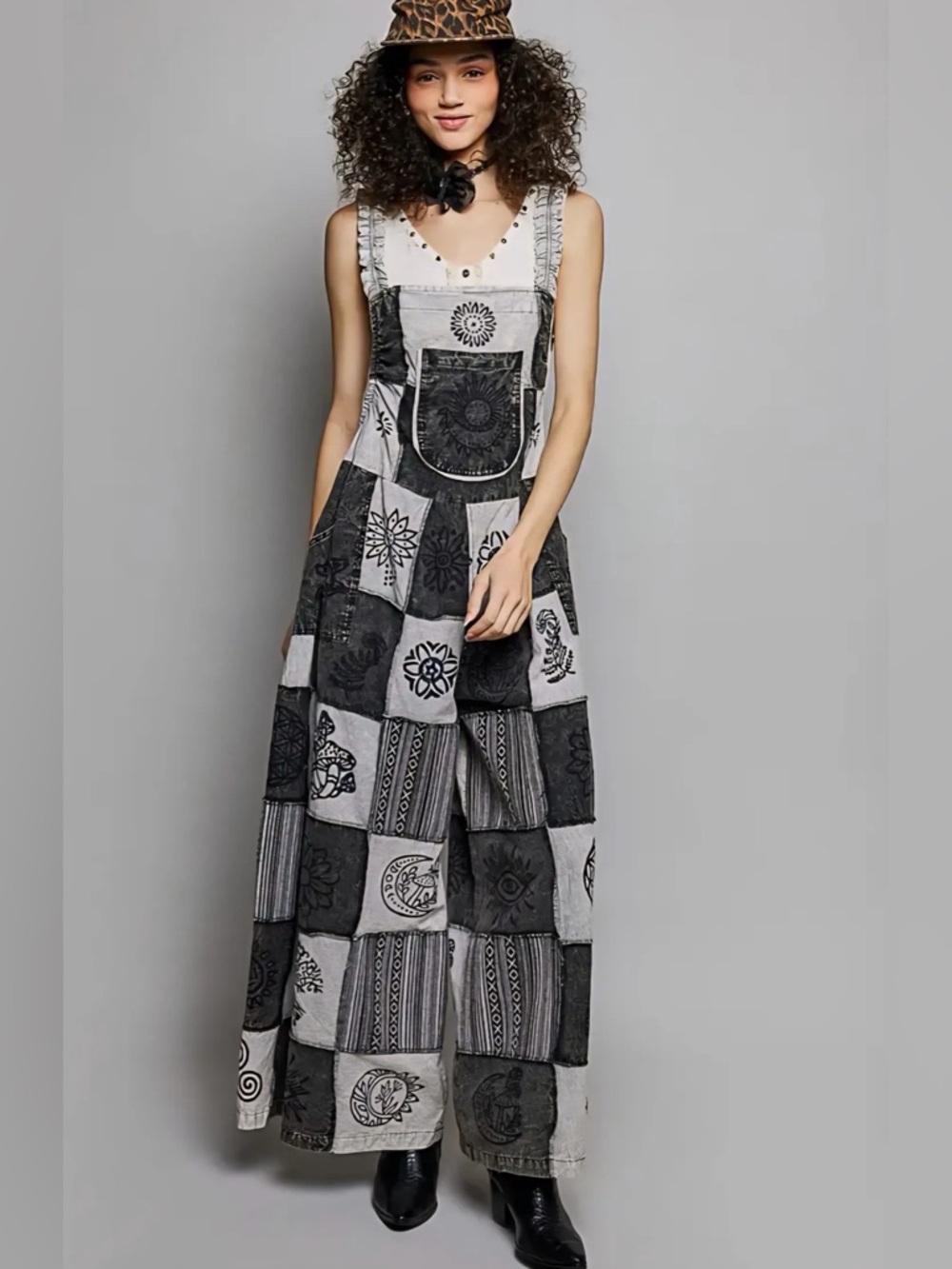 New POL Bohemian Patchwork Wide-Leg Jumpsuit - Black & Gray